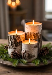 Rustic Birch Bark Candles Glow Warmly Surrounded by Pine Cones