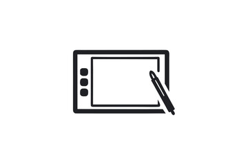 Clean black and white silhouette graphic of a tablet and stylus for design