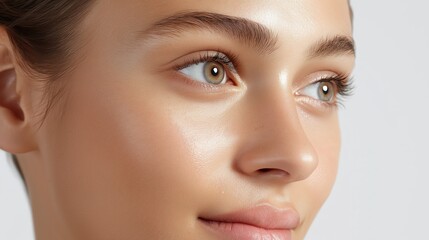 Fototapeta premium Close-up beauty portrait of woman with natural glowing skin on clean white background.