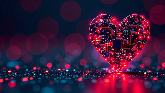 Futuristic valentine concept with glowing circuit board heart for technology-themed designs