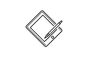Simple outline silhouette of a tablet and stylus, black and white vector graphic