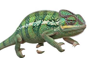 Obraz premium A vibrant green chameleon with colorful scales on transparent background