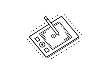 Minimalist graphic silhouette, digital tablet with stylus in black and white