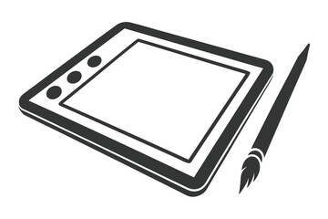 Digital drawing tablet and stylus silhouette in a clean black and white style