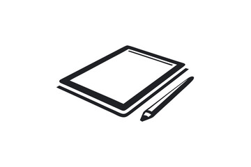 Striking black and white silhouette graphic of a digital tablet and stylus