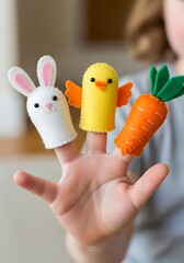 Child's Hand Playing with Easter and Spring Themed Felt Finger Puppets