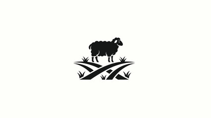 Black sheep standing on stylized grass field vector logo