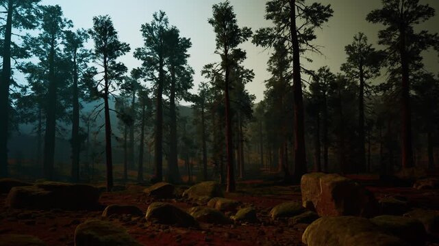 twilight pine forest with blue haze and cool teal light filtering through tall conifers, moss covered stones and leaf litter create textured foreground, deep