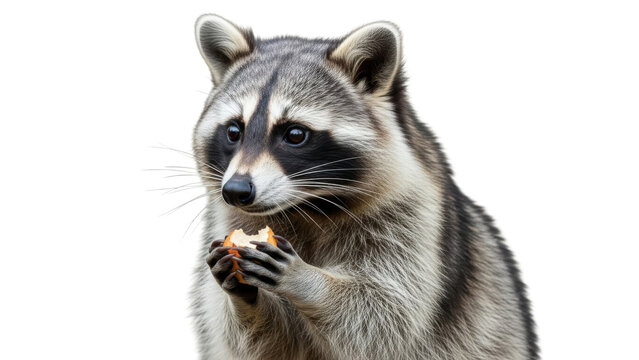 A curious raccoon holding food in its paws on transparent background