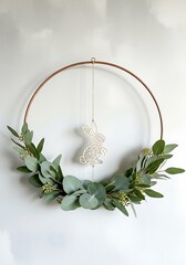 Modern Copper Hoop Wreath Decoration with Eucalyptus Leaves and Wooden Bunny Ornament