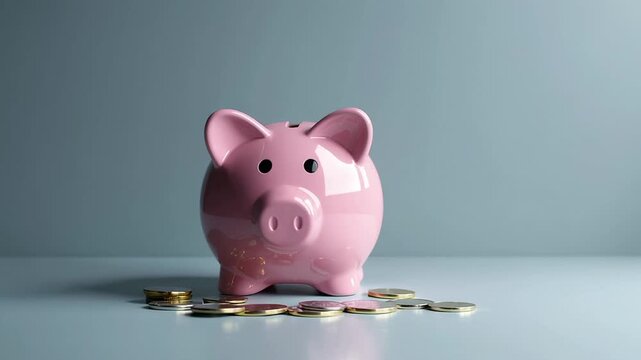 Multiple views of a pink piggy bank sitting on a pastel blue surface with scattered coins around its base, creating a consistent and visually appealing composition
