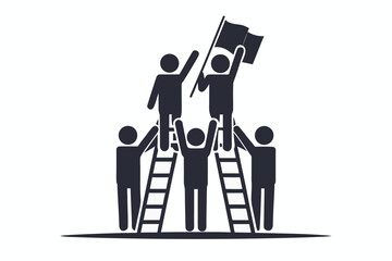 Team of people climbing a ladder together towards success, achieving business goals