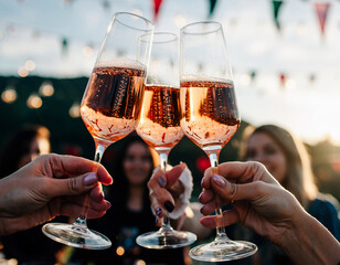 Three glasses of ros&eacute; wine toasting for Galentines Day
