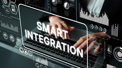 Business Professional Typing on Keyboard with Smart Integration Concept and Data Analytics Graphics in Modern Office Environment. Asymptotic smart data analytic.