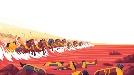 A dramatic vector illustration of a chariot racing through a fiery desert landscape with falling soldiers