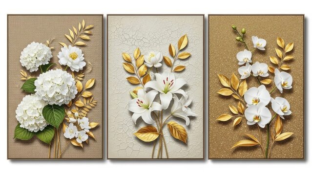 A stunning triptych wall art showcases delicate white and golden floral arrangements against textured neutral backgrounds creating a luxurious aesthetic