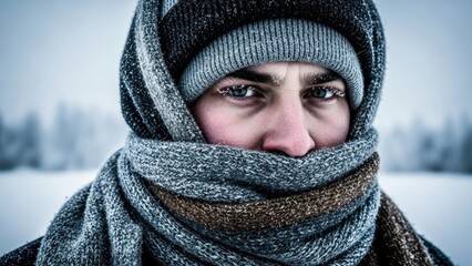 Man with his face wrapped in warm scarf during a cold snowy winter day. Extreme weather conditions and winter survival concept.