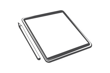 Modern graphic silhouette of a tablet and stylus in black and white