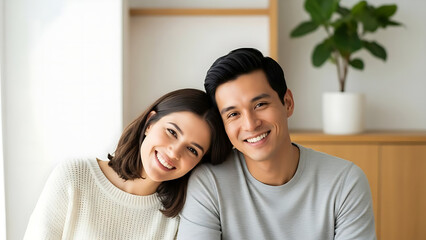 Obraz premium Happy young couple smiling together in a cozy room