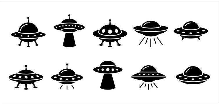 Collection of 10 Black Silhouette UFO Icons and Flying Saucer Designs for Science Fiction, Space Exploration, and Extraterrestrial Themes

