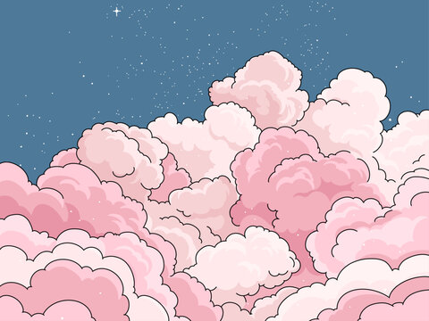 Vector Illustration of a Night Blue Sky with Pink Clouds and Shining Stars. Abstract Galactic Cosmos Background