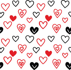 Seamless pattern with various black and red heart outlines on a transparent background, perfect for valentines