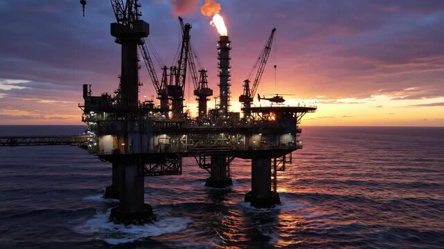Cinematic establishing shot of offshore oil rig at sunset. Burning flare stack illuminates industrial platform over calm ocean. Dramatic twilight scene of energy production and sea horizon.