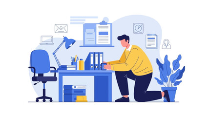 Man organizing office desk workspace with files and computer