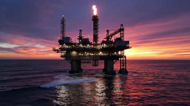 Offshore oil rig at sunset with burning flares. Cinematic establishing shot of energy platform over ocean waves. Industrial extraction scene in dramatic twilight sky for petroleum industry concept.