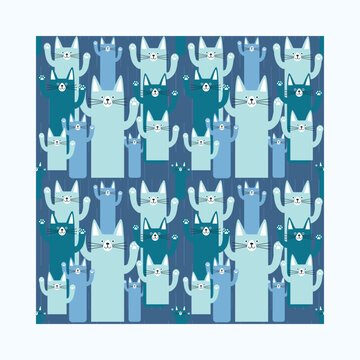 Cat pattern with cute cartoon kittens in blue color palette