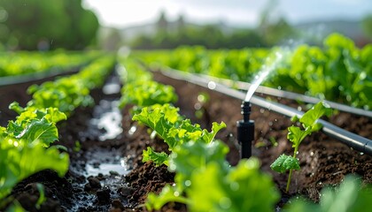 Water efficient drip irrigation system delivering moisture to organic salad crops