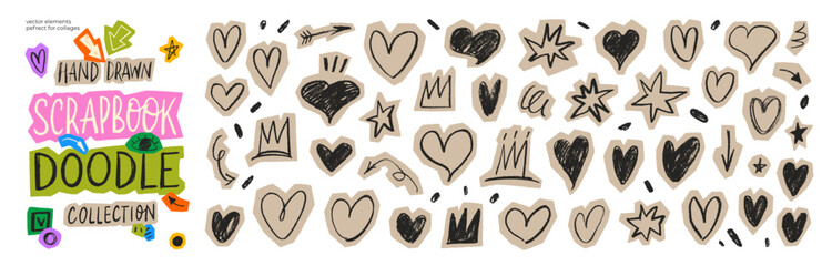 Obraz na płótnie Canvas Sketch craft scrapbook hearts, crowns and star stickers. Hand drawn Valentine's day doodle collage sticker collection. Hand drawn craft scrapbook crayon hearts and crowns for journal and zine design.