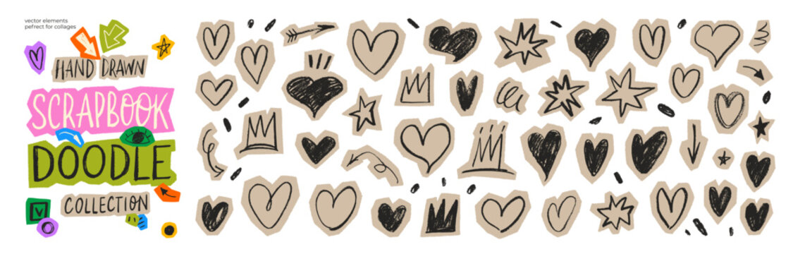 Sketch craft scrapbook hearts, crowns and star stickers. Hand drawn Valentine's day doodle collage sticker collection. Hand drawn craft scrapbook crayon hearts and crowns for journal and zine design.
