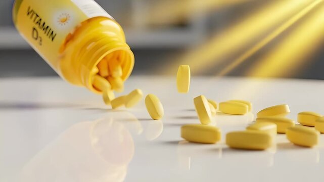 Vitamin d3 supplement pills falling from bottle with sun rays, concept for health and wellness