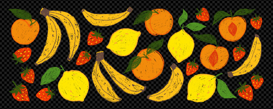 Funky crayon fruit stickers with chalk texture on black transparent background. Hand drawn playful colorful fruit clipart. Cute banana, strawberry, peach and lemon stickers. Childish naive style.