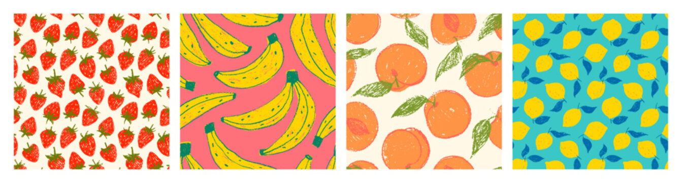 Colorful crayon fruits seamless pattern collection. Hand drawn funky and playful food seamless backgrounds. Summer tropical fruit wrapping paper print set. Wallpapers with banana, strawberry, lemon.
