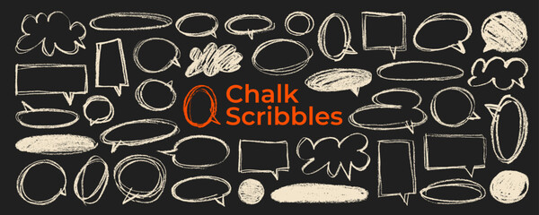 Fototapeta na wymiar Chalk drawn white speech bubble collection on blackboard. Crayon drawn sketchy balloon speak figures. Comic speech bubbles with pencil texture. Message balloon silhouette and outlines.