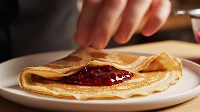 Adding berry jam to a folded crepe
