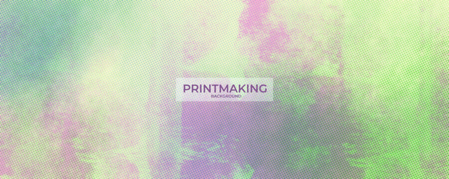 Pastel green purple risograph texture background with linocut printmaking effect. Hand drawn forest background with vector halftone screen overlay. Eco wallpaper with printmaking risograph effect.