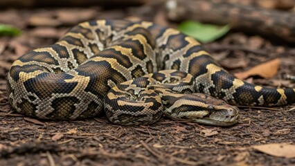 Fototapeta premium A large snake with a striking pattern lies coiled on the forest floor, surrounded by leaves and twigs.