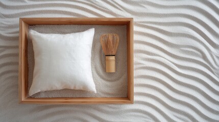 Wooden tray holds a white cushion and a bamboo whisk on textured sand, creating a tranquil setting ideal for relaxation and mindfulness activities
