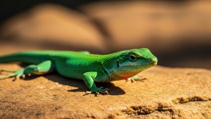 Fototapeta premium A small green lizard is basking in the sun on a rocky surface