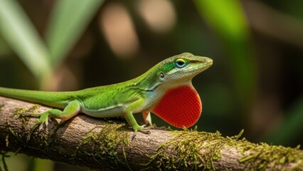 Fototapeta premium A vibrant green lizard perched on a mossy branch with its bright red throat fan extended in a natural outdoor setting.