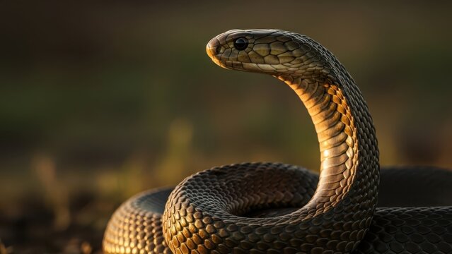 A close-up of a snake coiled on the ground with its head raised.