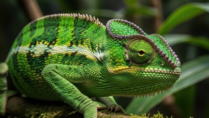 Fototapeta premium A vibrant green chameleon perched on a mossy branch in a lush tropical forest with large leaves in the background.