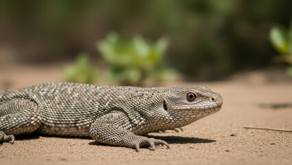 Fototapeta premium A close-up of a lizard lying on sandy ground with a blurred background of greenery.
