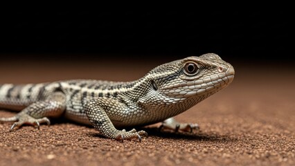 Fototapeta premium A small lizard with a textured skin lies on the brown ground with a dark background.