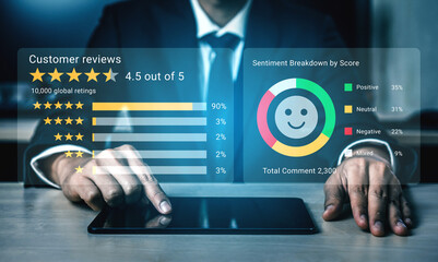 Businessman engaged in analyzing customer reviews with a digital interface that shows ratings and sentiment breakdown for informed decision-making. Gantry