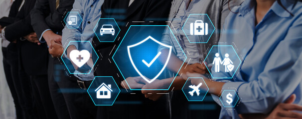 This image features a digital interface displaying insurance-related icons, emphasizing security and trust in various industries, ideal for business solutions. Trope