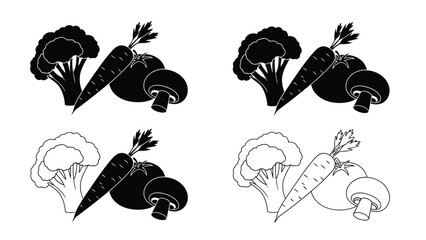 Black and white illustrations depict broccoli carrots and mushrooms in a repeating pattern